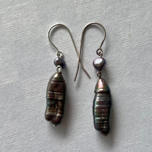 Artisan 925 Sterling Silver Rare Peacock Biwa Stick Pearl Earrings - Picture 3 of 3